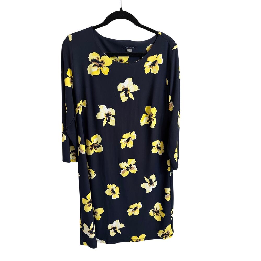 Tommy Hilfiger Floral Sheath Dress Size 14 Navy Yellow 3/4 Sleeve
